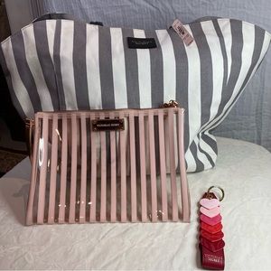 Victoria's Secret NWT Bundle Tote Grey Stripe Weekender + Wristlet + Heart strap